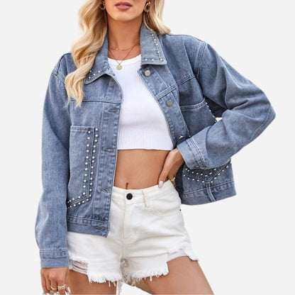 women's studded denim jacket oversized casual jean coat
