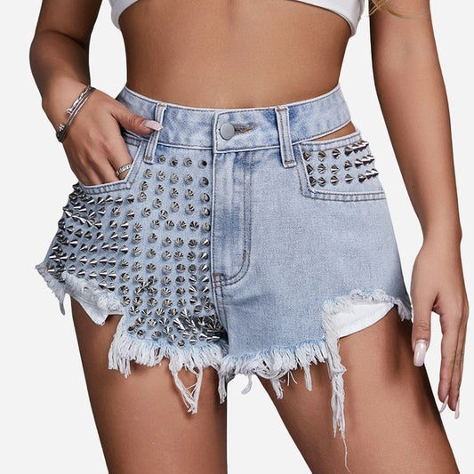 Women’s Studded & Rhinestone Denim Shorts Sexy Mid Rise Streetwear Jean Shorts