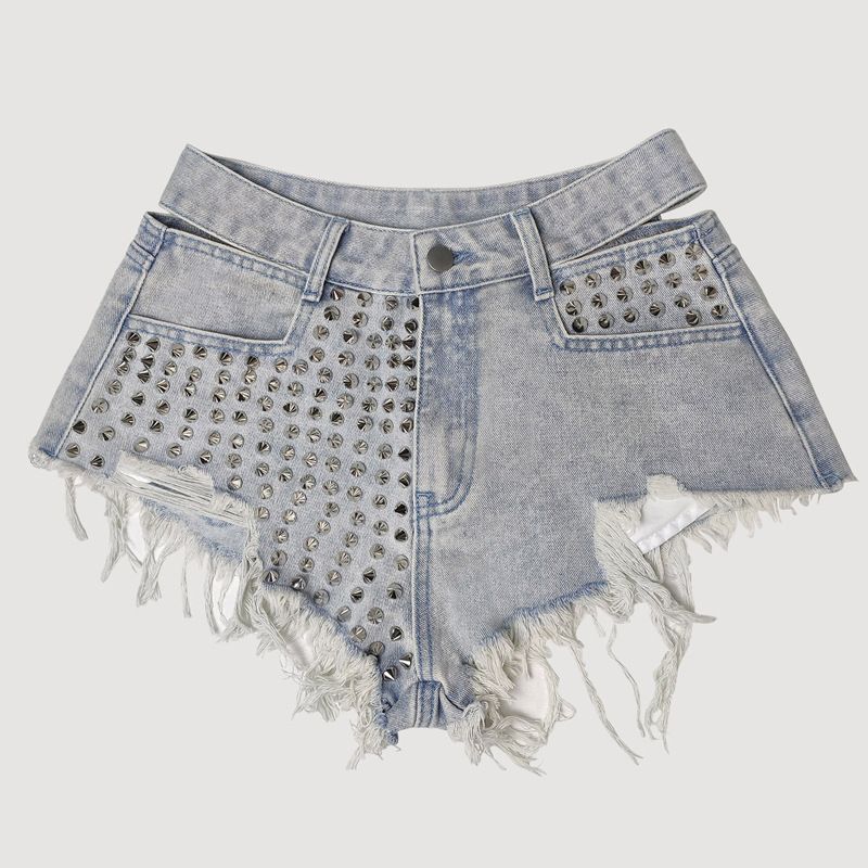 Women’s Studded & Rhinestone Denim Shorts Sexy Mid Rise Streetwear Jean Shorts