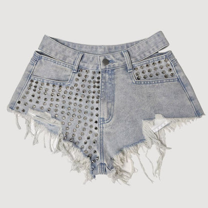 Women’s Studded & Rhinestone Denim Shorts Sexy Mid Rise Streetwear Jean Shorts