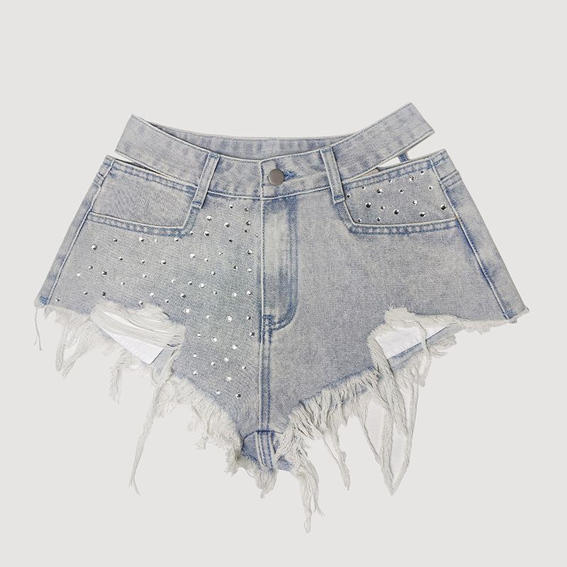 Women’s Studded & Rhinestone Denim Shorts Sexy Mid Rise Streetwear Jean Shorts
