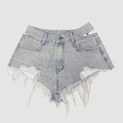 Women’s Studded & Rhinestone Denim Shorts Sexy Mid Rise Streetwear Jean Shorts