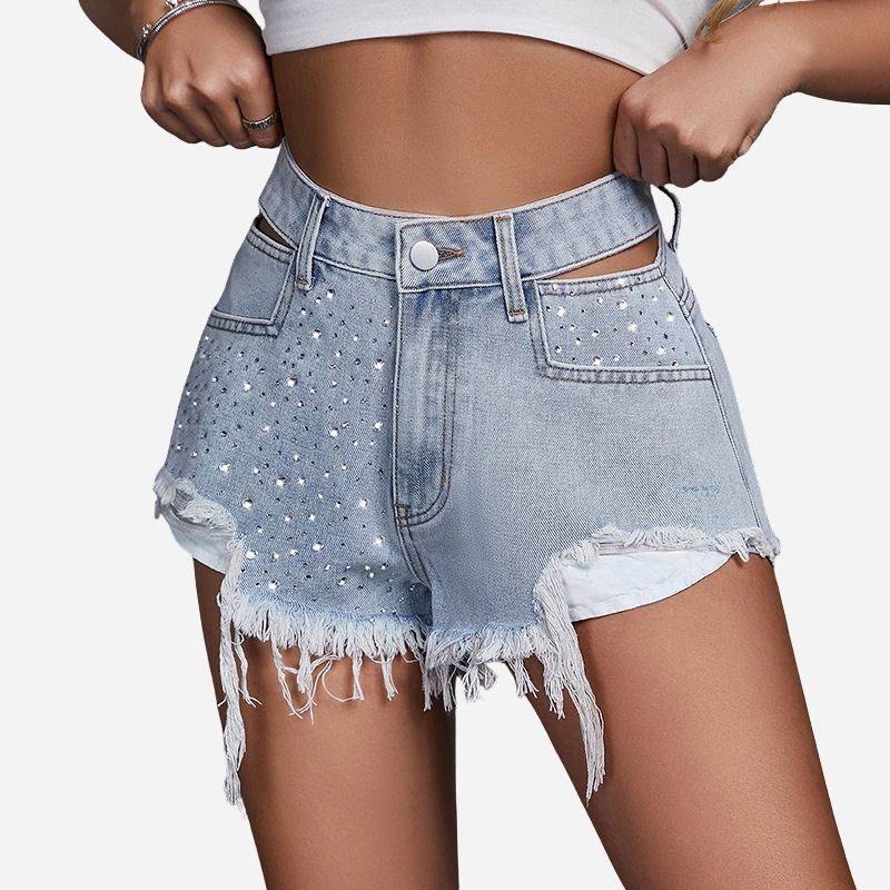 Women’s Studded & Rhinestone Denim Shorts Sexy Mid Rise Streetwear Jean Shorts