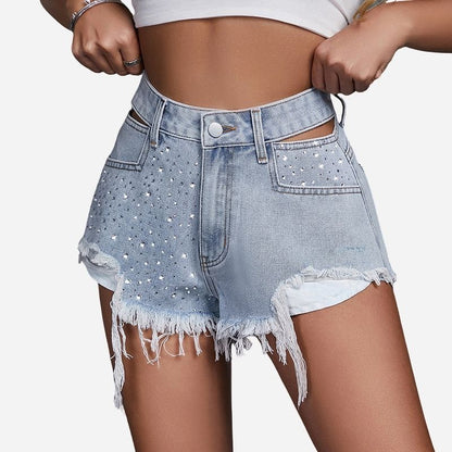 Women’s Studded & Rhinestone Denim Shorts Sexy Mid Rise Streetwear Jean Shorts