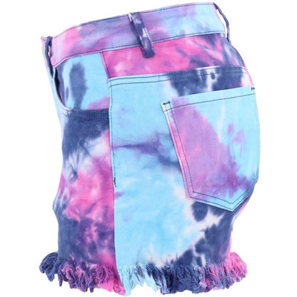 Women's Tie-dye Denim Jean Shorts High Waisted Raw Hem Stretchy Ripped Shorts - Blue Color back view