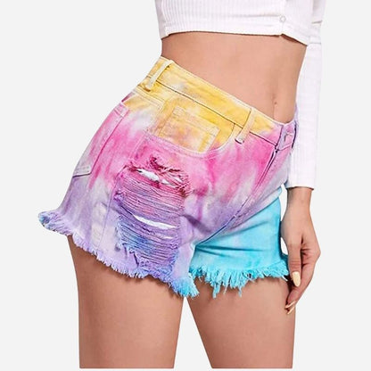 Women's Tie-dye Denim Jean Shorts High Waisted Raw Hem Stretchy Ripped Shorts - Pink Color