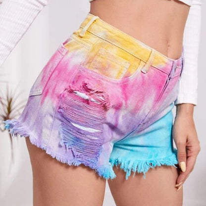 Women's Tie-dye Denim Jean Shorts High Waisted Raw Hem Stretchy Ripped Shorts - Pink Color