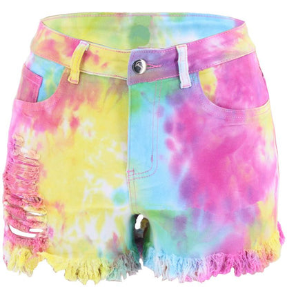 Women's Tie-dye Denim Jean Shorts High Waisted Raw Hem Stretchy Ripped Shorts - Pink Color