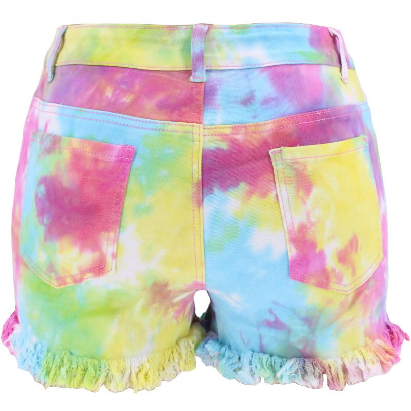 Women's Tie-dye Denim Jean Shorts High Waisted Raw Hem Stretchy Ripped Shorts - Pink Color back view