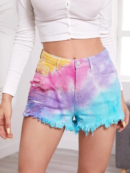 Women's Tie-dye Denim Jean Shorts High Waisted Raw Hem Stretchy Ripped Shorts - Pink Color