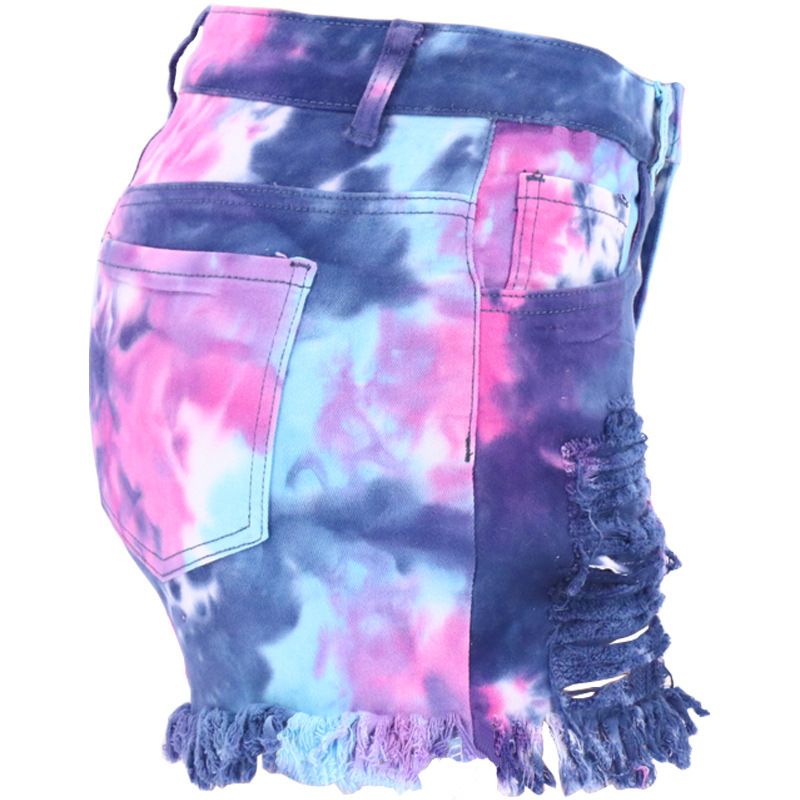 Women's Tie-dye Denim Jean Shorts High Waisted Raw Hem Stretchy Ripped Shorts - Blue Color back view