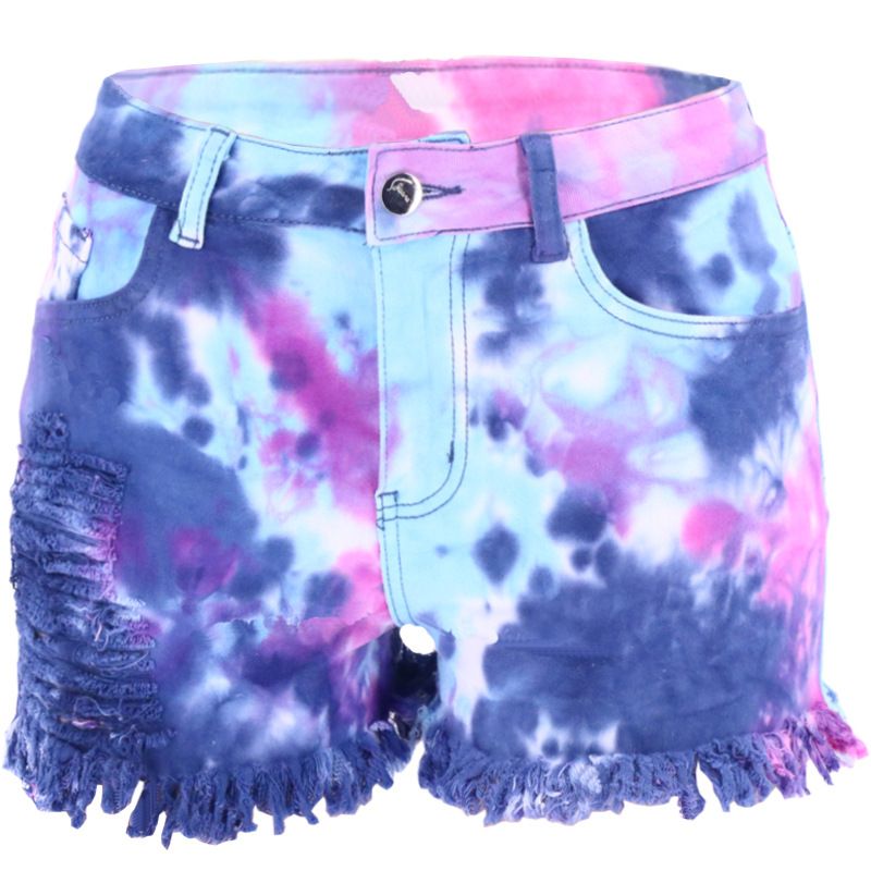 Women's Tie-dye Denim Jean Shorts High Waisted Raw Hem Stretchy Ripped Shorts - Blue Color