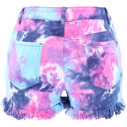 Women's Tie-dye Denim Jean Shorts High Waisted Raw Hem Stretchy Ripped Shorts - Blue Color back view