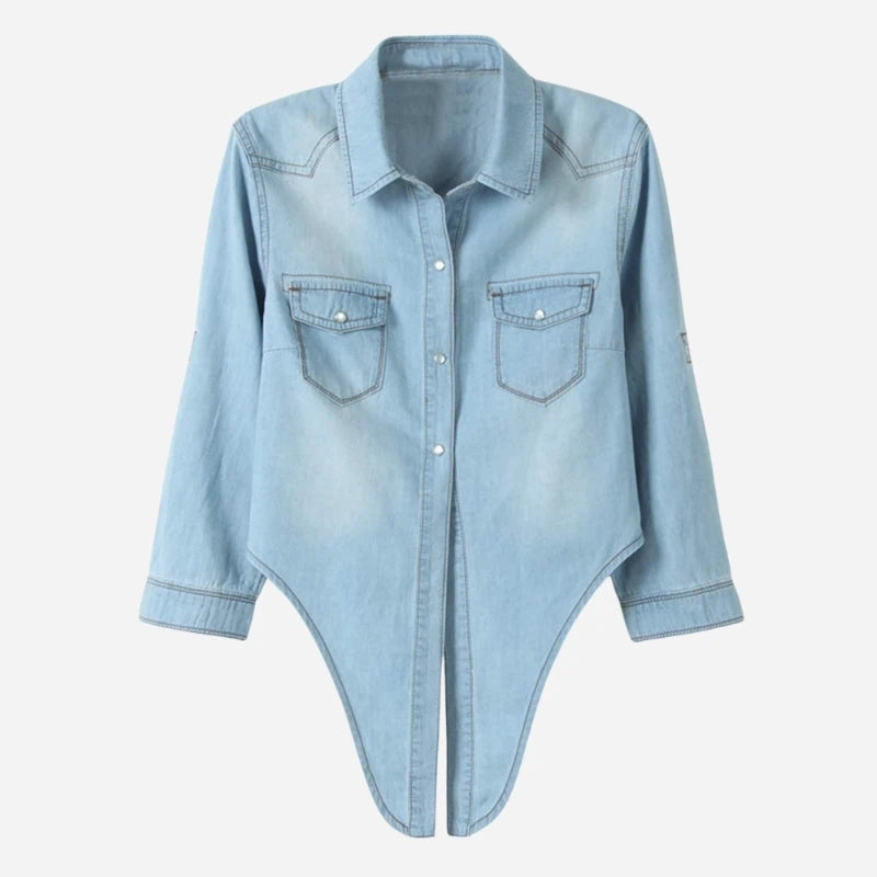 women's denim shirt long sleeve roll tab jean top in light blue