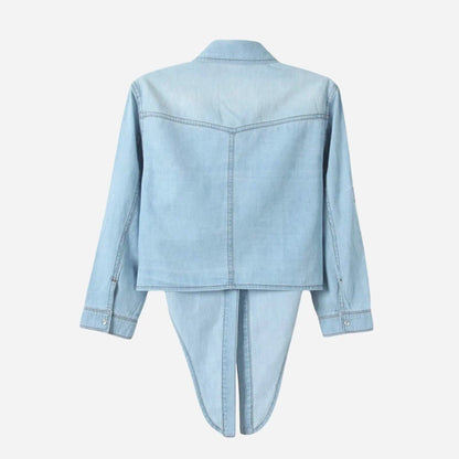 women's denim shirt long sleeve roll tab jean top in light blue, back view