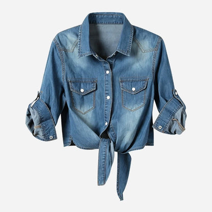 women's denim shirt long sleeve roll tab jean top in dark blue, front view