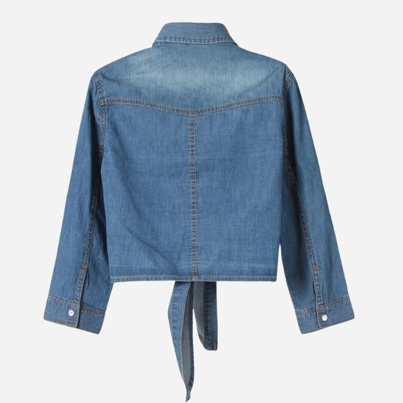 women's denim shirt long sleeve roll tab jean top in dark blue, back view