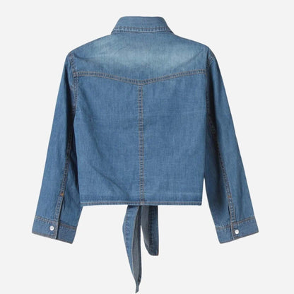 women's denim shirt long sleeve roll tab jean top in dark blue, back view