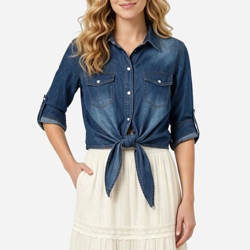 women's denim shirt long sleeve roll tab jean top in dark blue