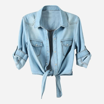women's denim shirt long sleeve roll tab jean top in light blue, front view