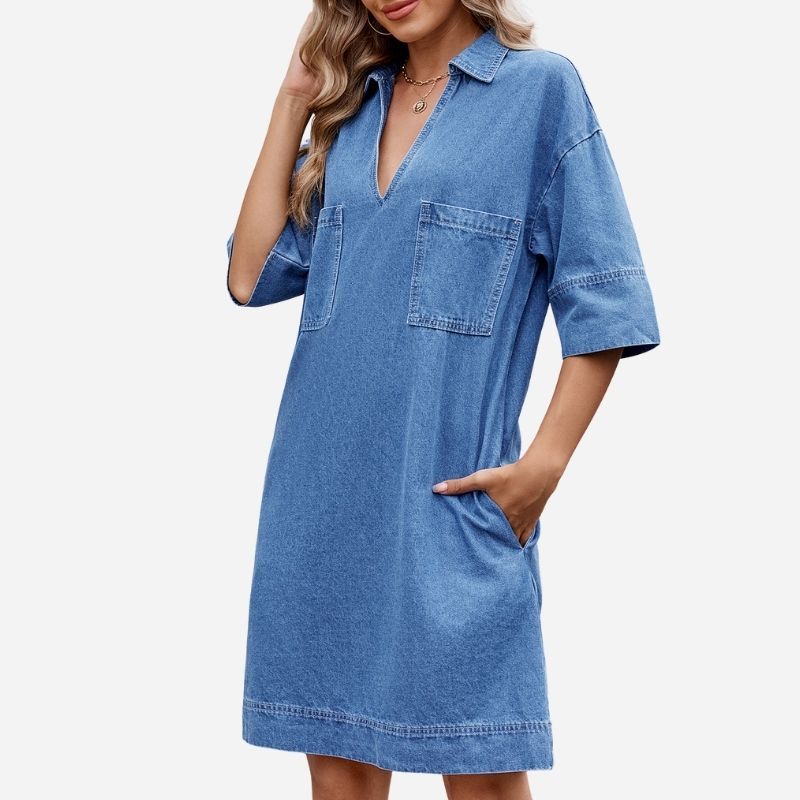 Women¡¯s v neck short sleeve relaxed denim midi dress with pockets