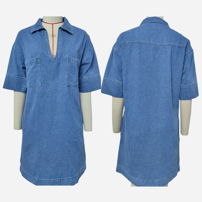 Women¡¯s v neck short sleeve denim midi dress with pockets in blue, front and back views