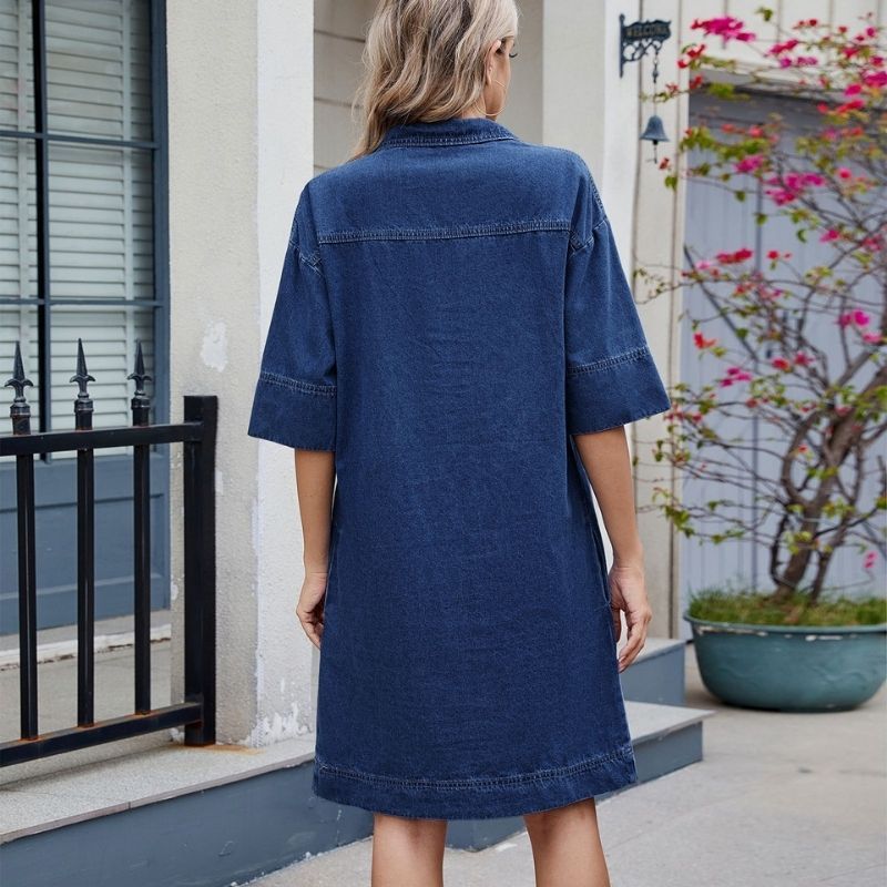 Women¡¯s v neck short sleeve relaxed denim midi dress with pockets in navy, back view