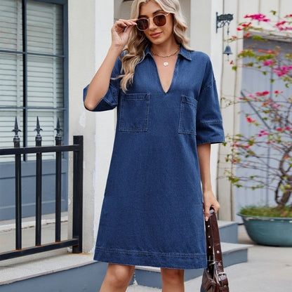 Women¡¯s v neck short sleeve denim midi dress with pockets in navy