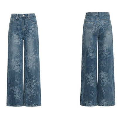 Women’s Vintage Floral Print High Waisted Wide Leg Jeans Straight Denim Pants