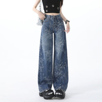 Women’s Vintage Floral Print High Waisted Wide Leg Jeans Straight Denim Pants
