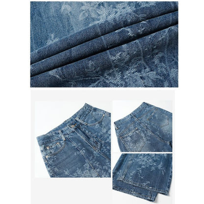 Women’s Vintage Floral Print High Waisted Wide Leg Jeans Straight Denim Pants