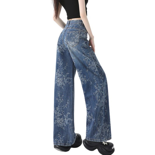 Women’s Vintage Floral Print High Waisted Wide Leg Jeans Straight Denim Pants