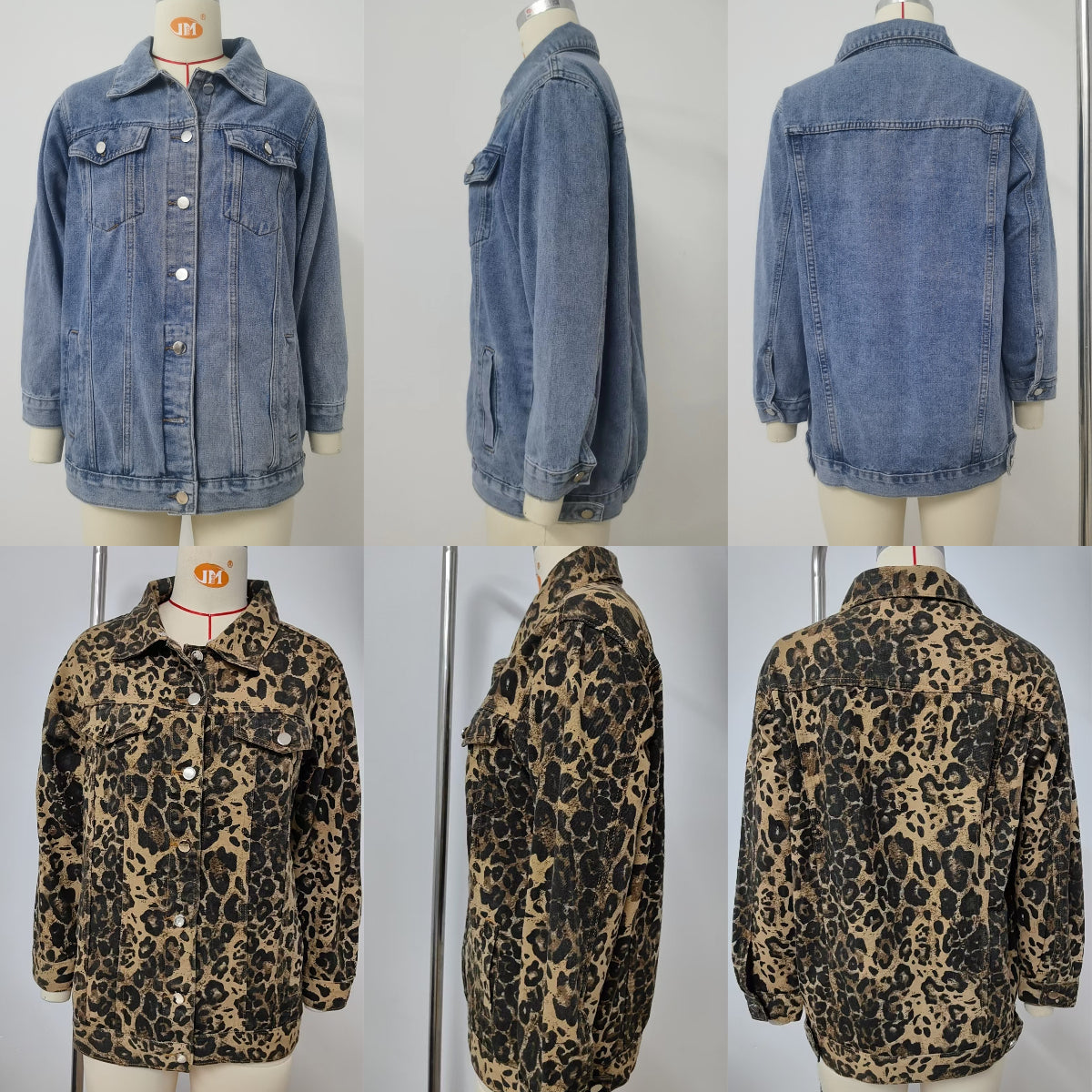 Women's washed denim jacket jean coat, front and back views