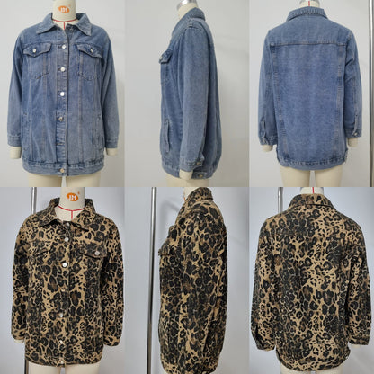Women's washed denim jacket jean coat, front and back views