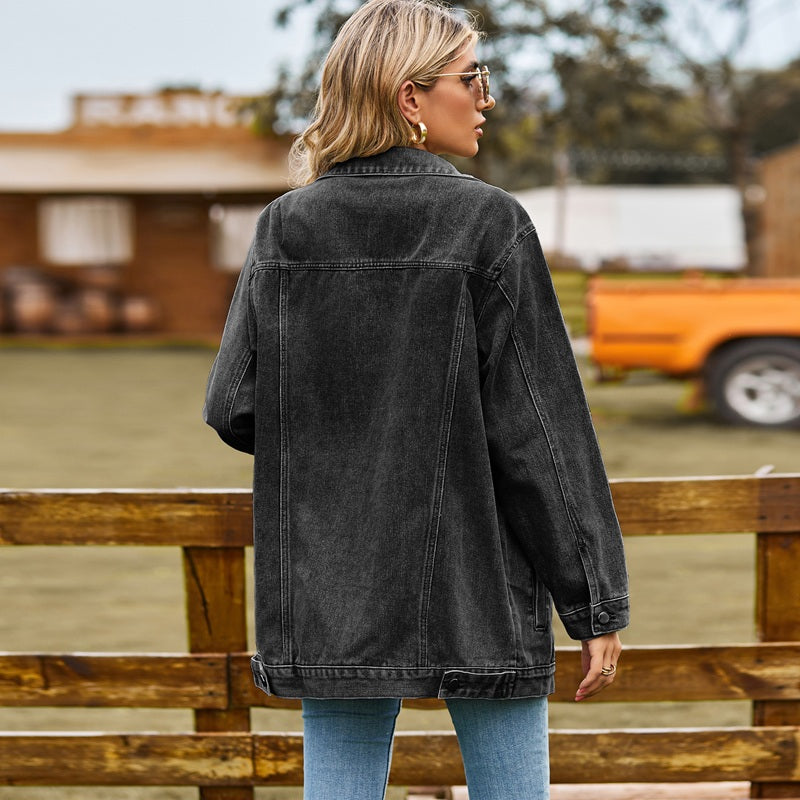 Women's washed denim jacket jean coat in black, back view