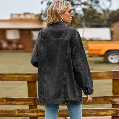 Women's washed denim jacket jean coat in black, back view