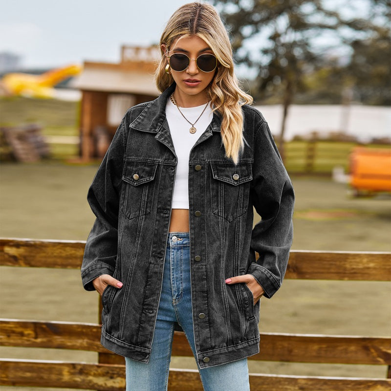 Women's washed denim jacket jean coat in black, front view