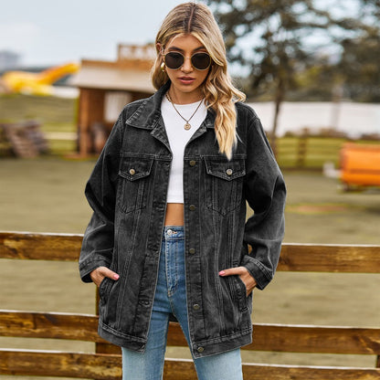 Women's washed denim jacket jean coat in black, front view
