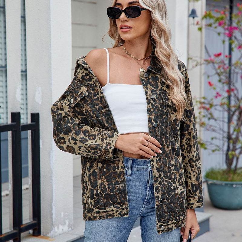 Women's washed denim jacket jean coat in leopard, front view