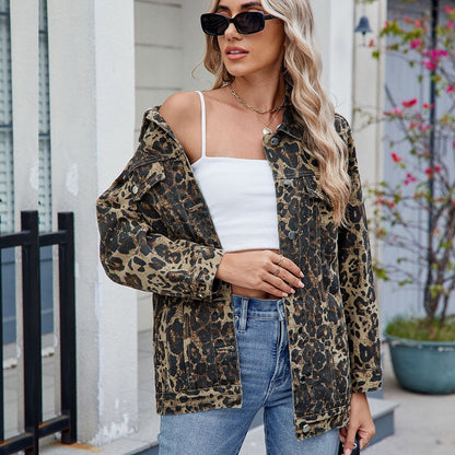 Women's washed denim jacket jean coat in leopard, front view