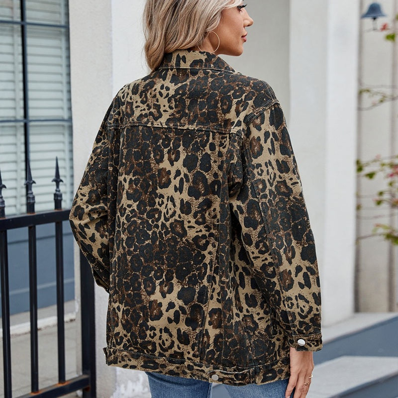 Women's washed denim jacket jean coat in leopard, back view