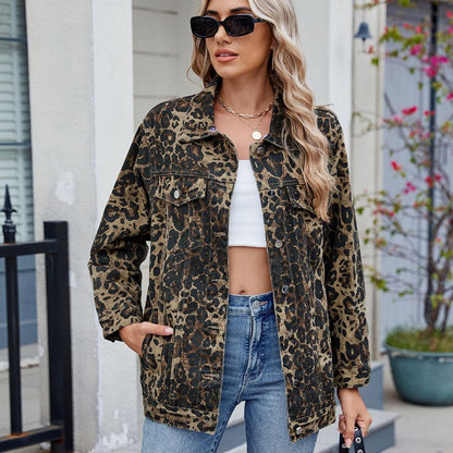 Women's denim jacket jean coat in leopard, front view