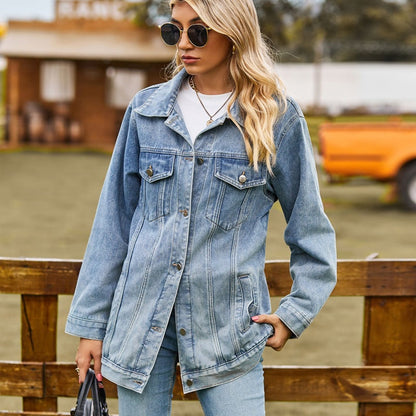 Women's washed denim jacket jean coat in light blue, front view