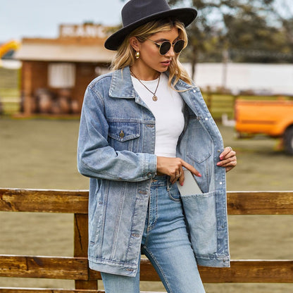 Women's denim jacket jean coat in light blue, front view