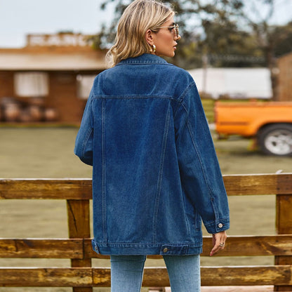 Women's washed denim jacket jean coat in navy, back view