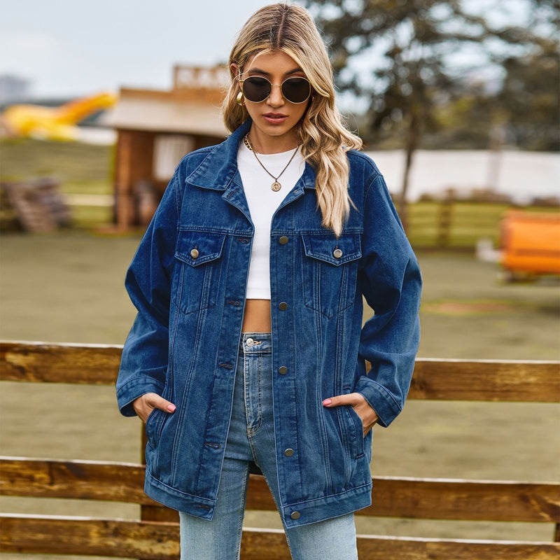 Women's washed denim jacket jean coat in navy, front view