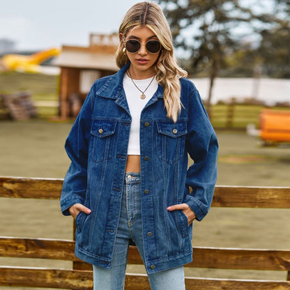 Women's washed denim jacket jean coat in navy, front view