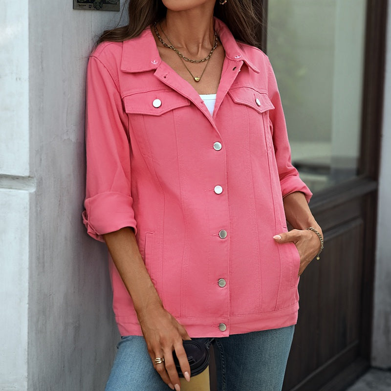 Women's washed denim jacket jean coat in pink, front view