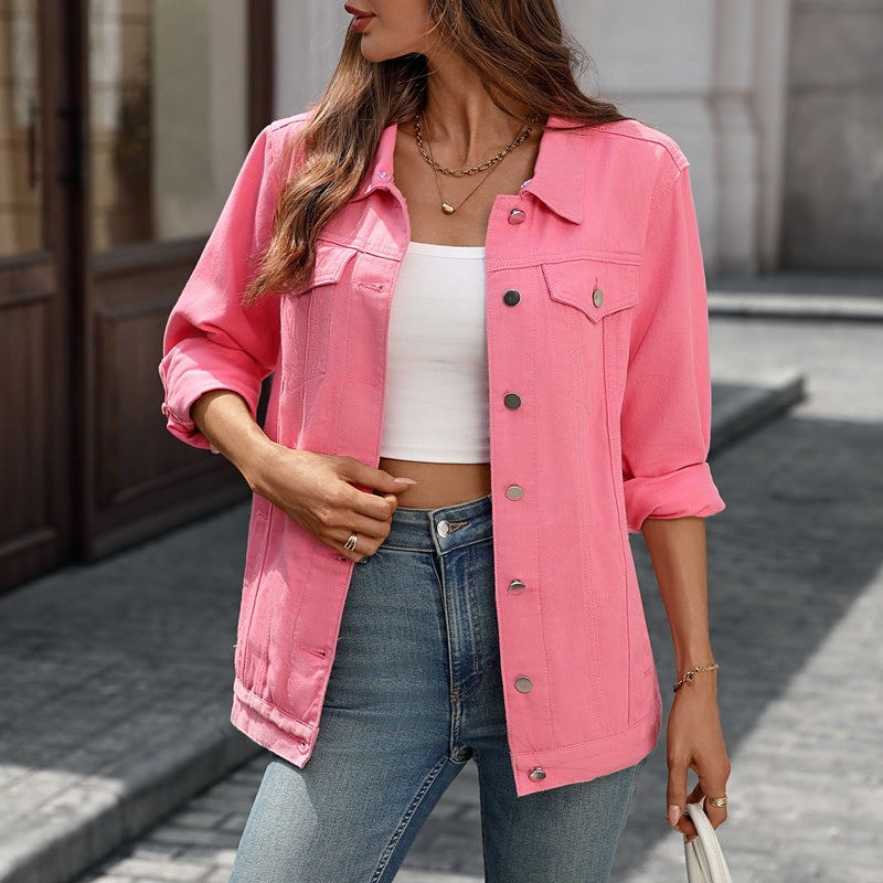 Women's washed denim jacket jean coat in pink