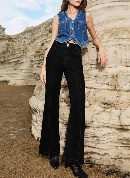 Women's Wide Leg Flare Jeans Baggy High Waisted Stretch Denim Pants